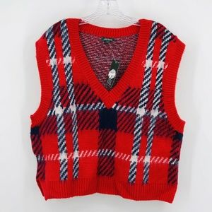 Blue Red Plaid Oversized Sweater Vest Womens XXL